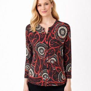 Vintage Prana Button Knit Cardigan Brown Scroll Print Sweater Y2K Crop Size L